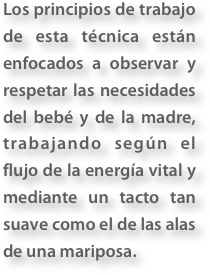 Los principios de trabajo de esta t&amp;eacute;cnica est&amp;aacute;n enfocados a observar y respetar las necesidades del beb&amp;eacute; y de la madre, trabajando seg&amp;uacute;n el flujo de la energ&amp;iacute;a vital y mediante un tacto tan suave como el de las alas de una mariposa.